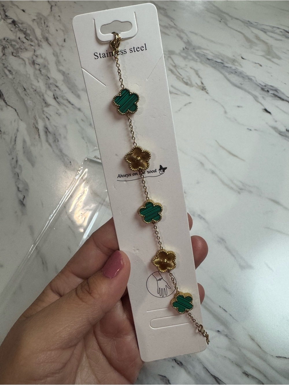 NEW Gold & Green Clover Stainless Steel Bracelet